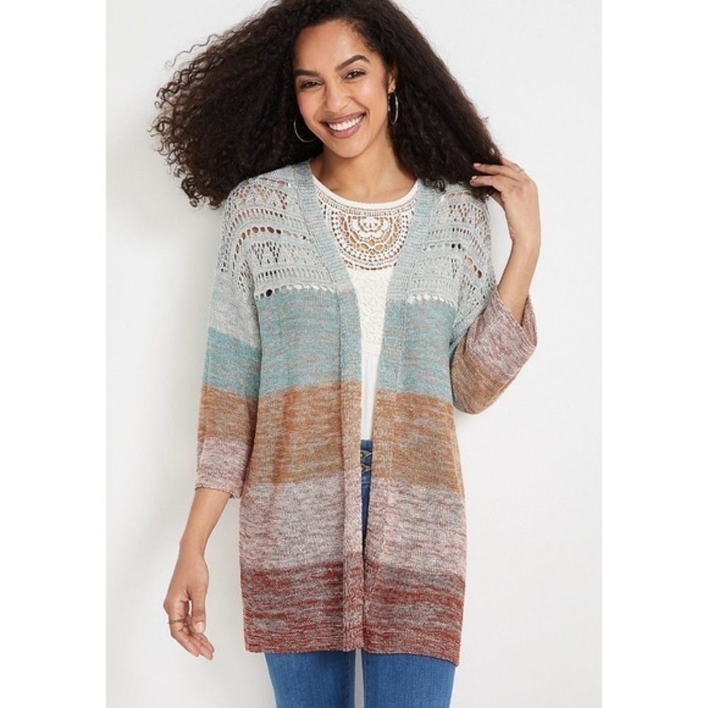 Maurices Women Size 3X Stripe Open Front Cardigan Multicolor Rust Pointelle Knit